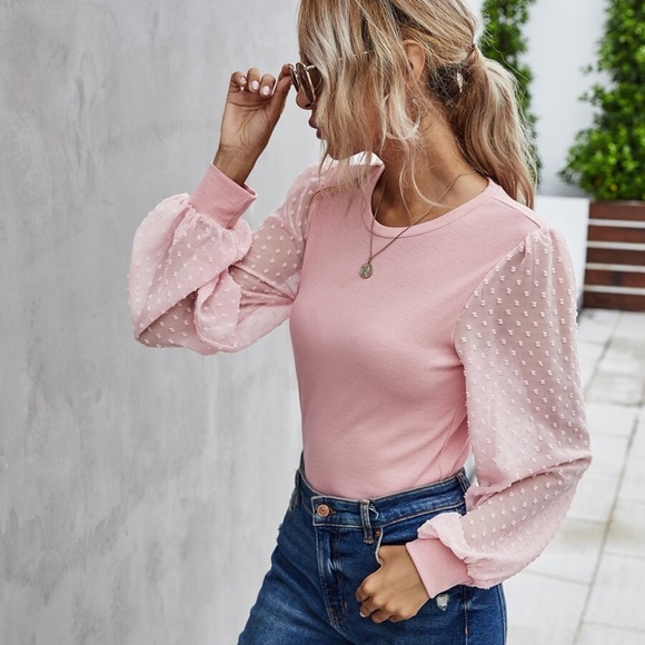 polka dot sheer balloon long sleeve top PINK - Picture 11 of 14